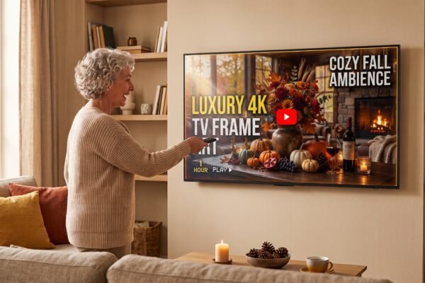 Autumn Harvest Floral and Wine arte 4K en pantalla y ambiente de otono con chimenea