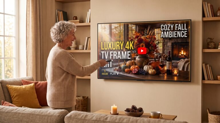 Autumn Harvest Floral and Wine arte 4K en pantalla y ambiente de otono con chimenea
